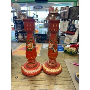 Vintage Wooden HandPainted Orange Candle Sticks India
